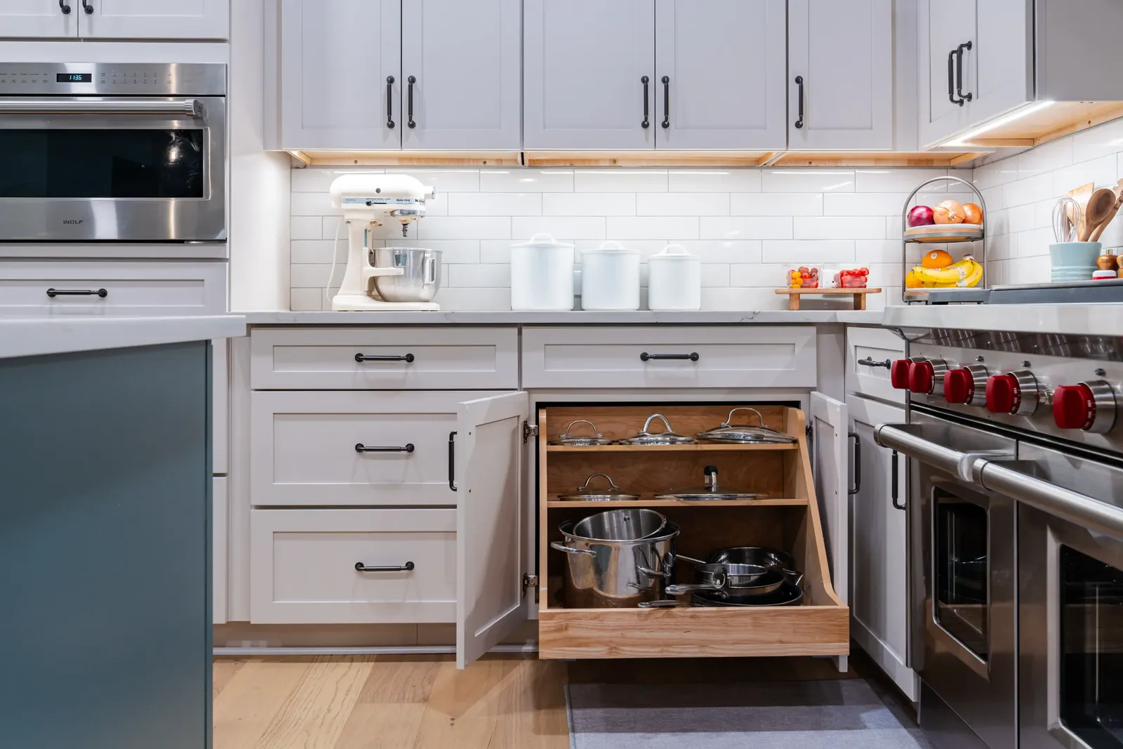 white kitchen cabinets with storage