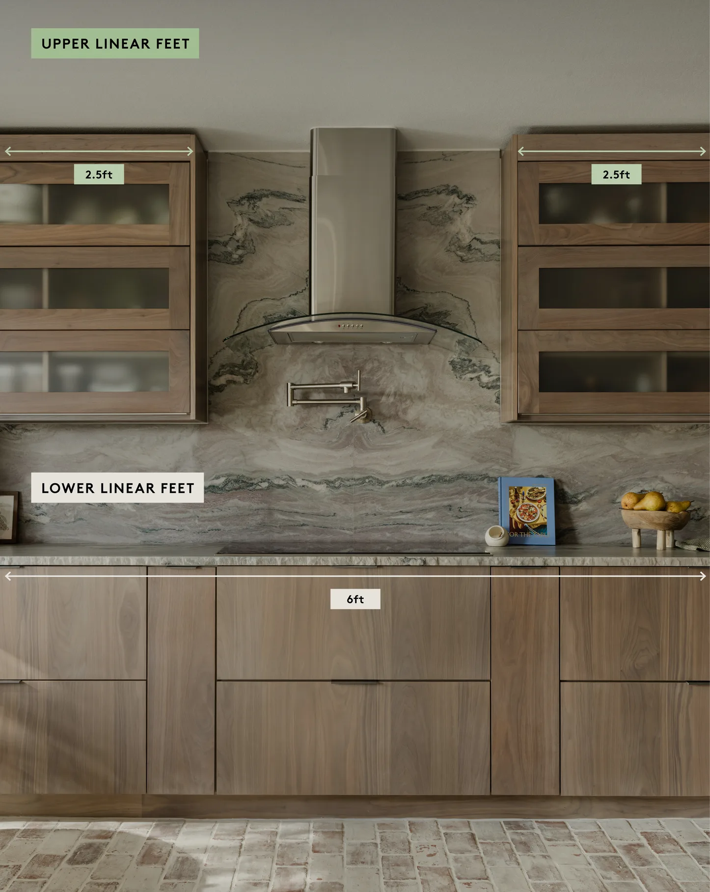Kitchen cabinets annotated with upper and lower linear-feet measurements