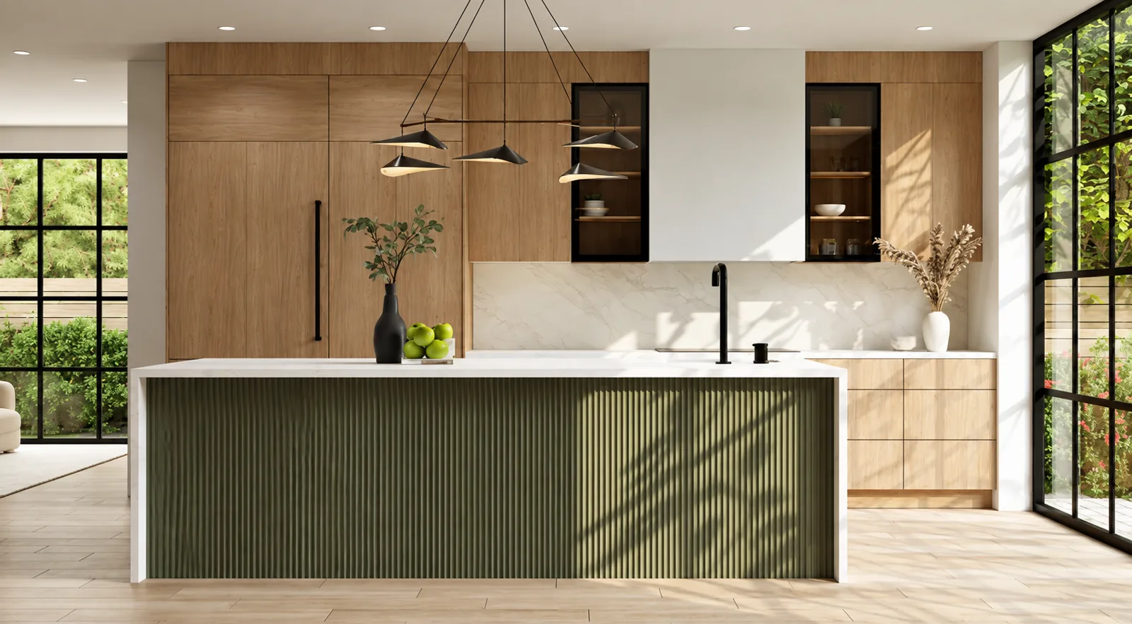 Kitchen with natural wood cabinetry and an olive fluted island, from The Kitchen Edit September 2026