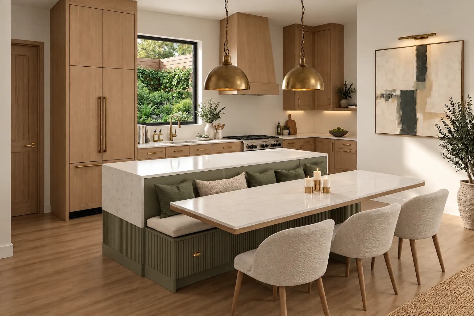 West Los Angeles kitchen by Cabinet IQ with natural wood cabinetry, soft stone, aged brass pendants, and an olive island with built-in banquette seating