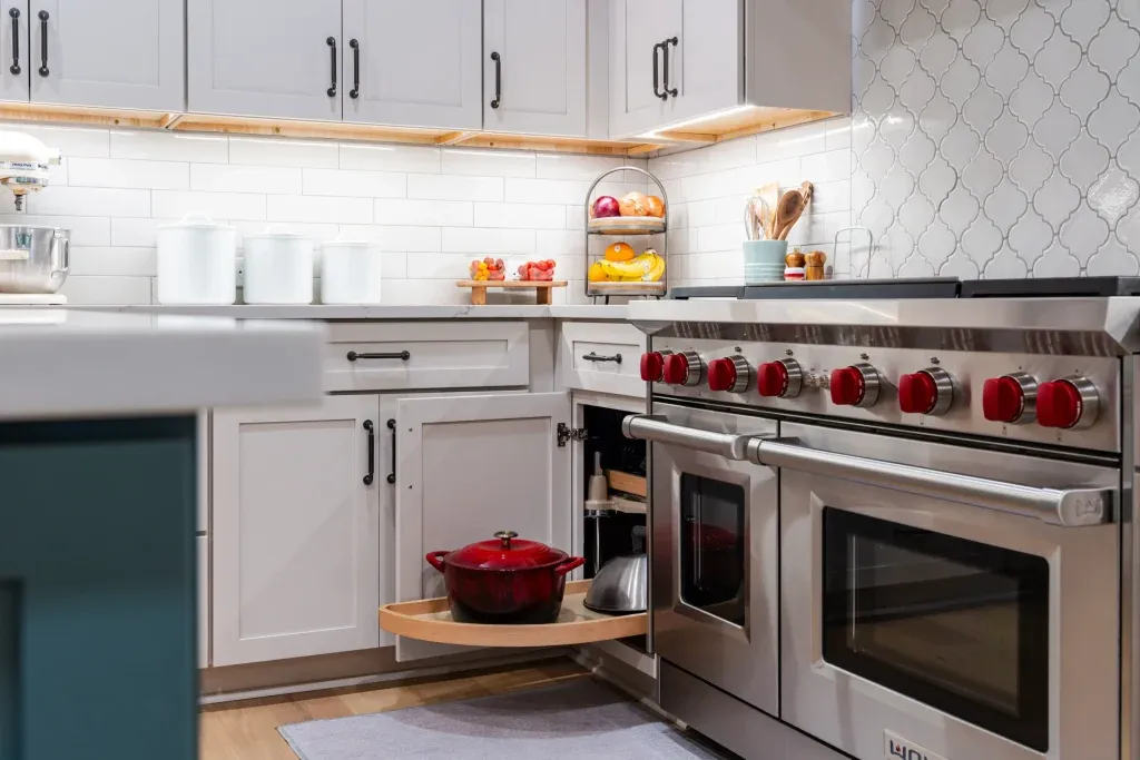 white kitchen cabinets with corner cabinet storage