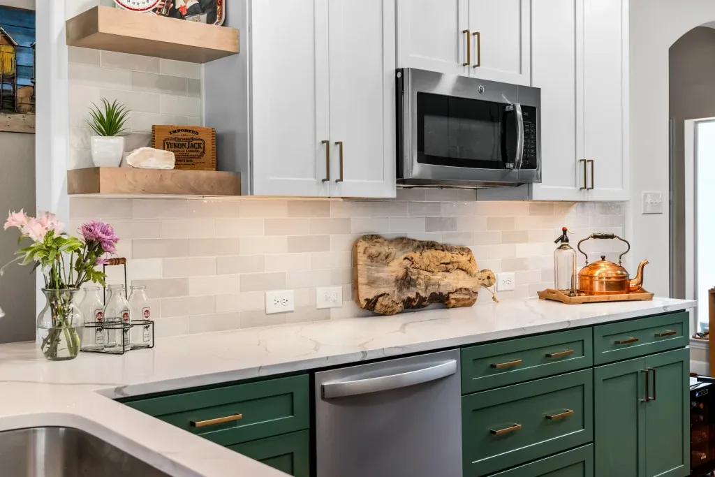 kitchen remodeling combo of white and green cabinets