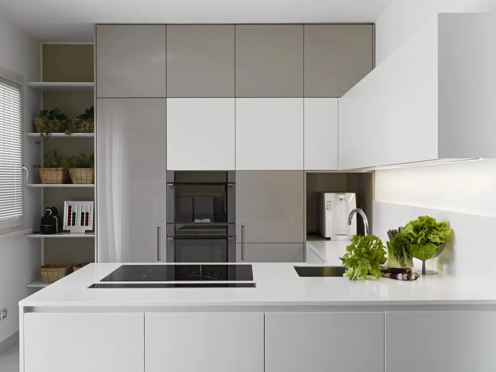 Modern kitchen with vgetables on the white worktop
